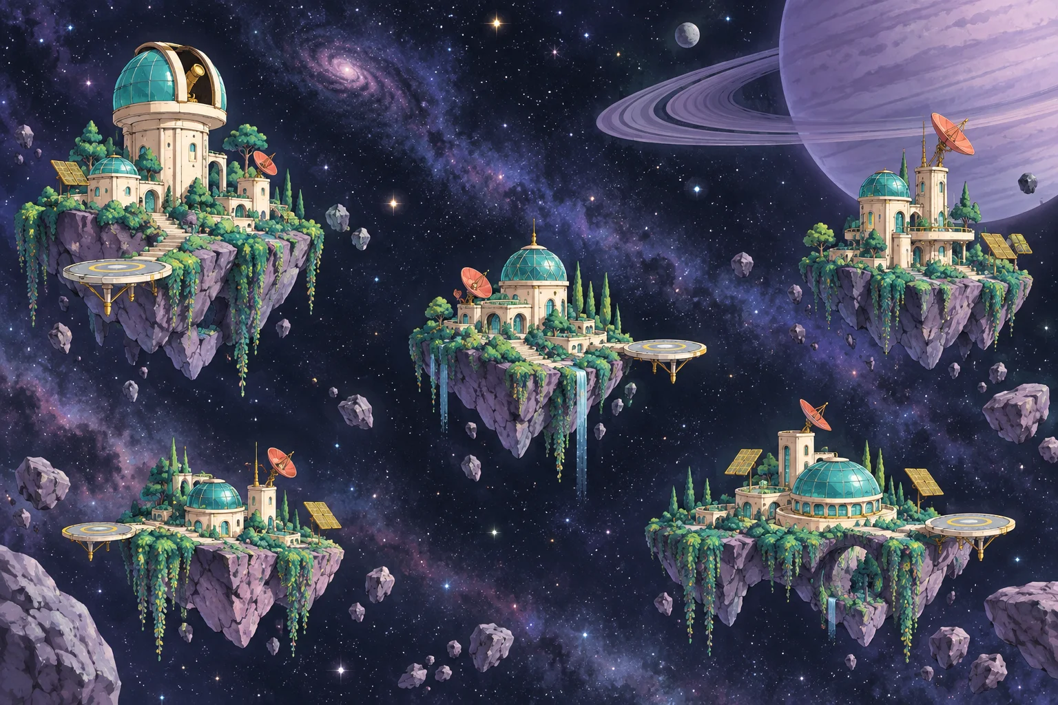 Five floating islands with observatories, gardens, and landing pads beneath a ringed planet.