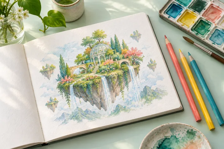 An open sketchbook with an imaginative painted garden