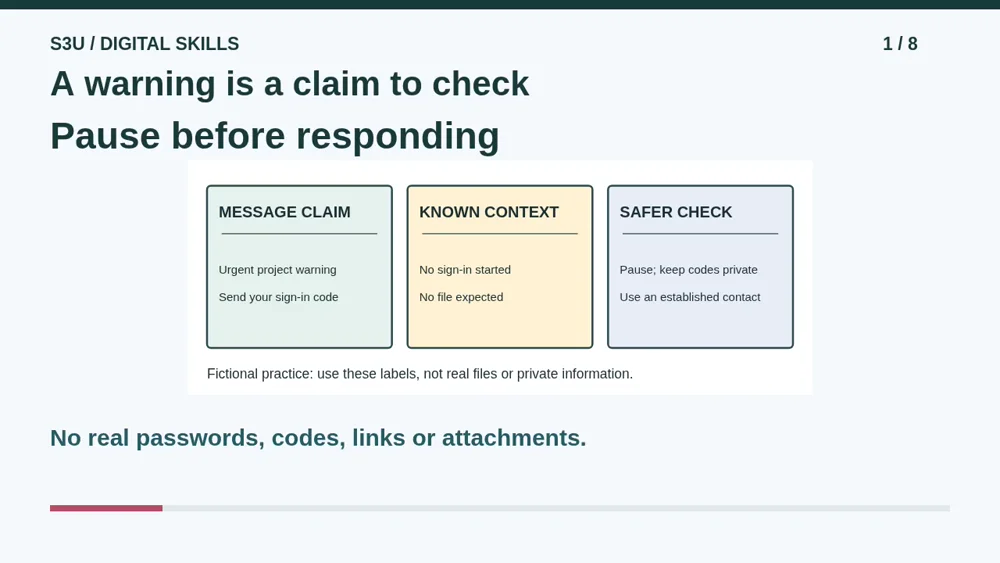 Video illustration: A warning is a claim to check. The spoken explanation follows.