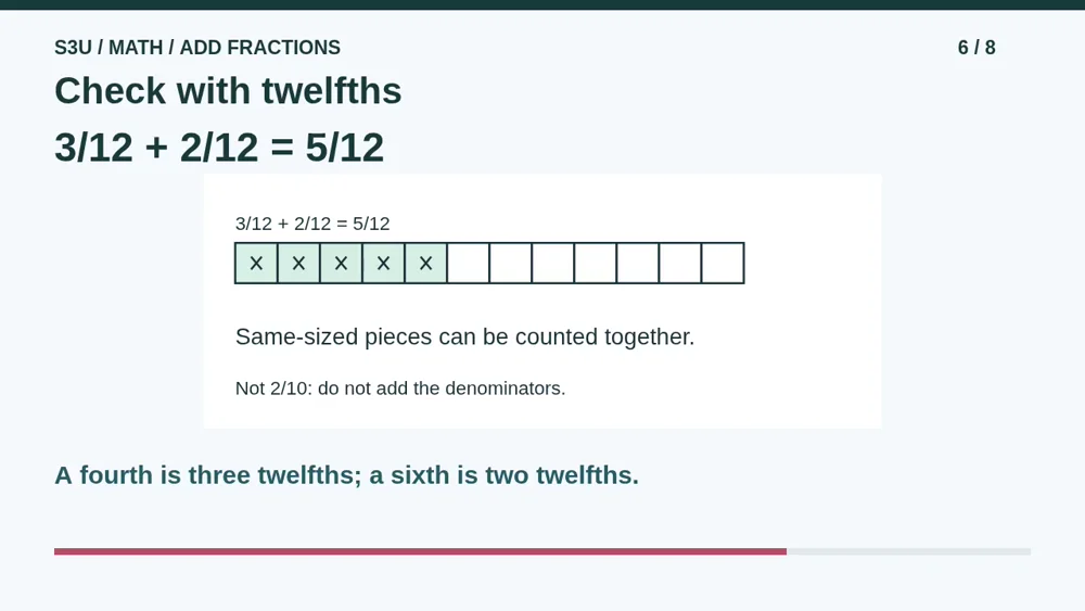 Video illustration: Check with twelfths. The spoken explanation follows.