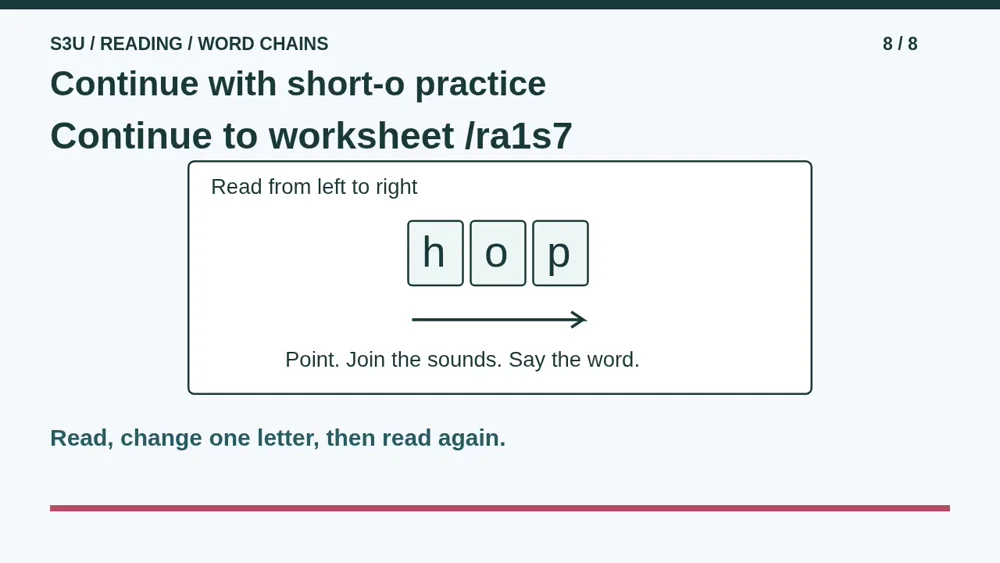 Video illustration: Continue with short-o practice. The spoken explanation follows.