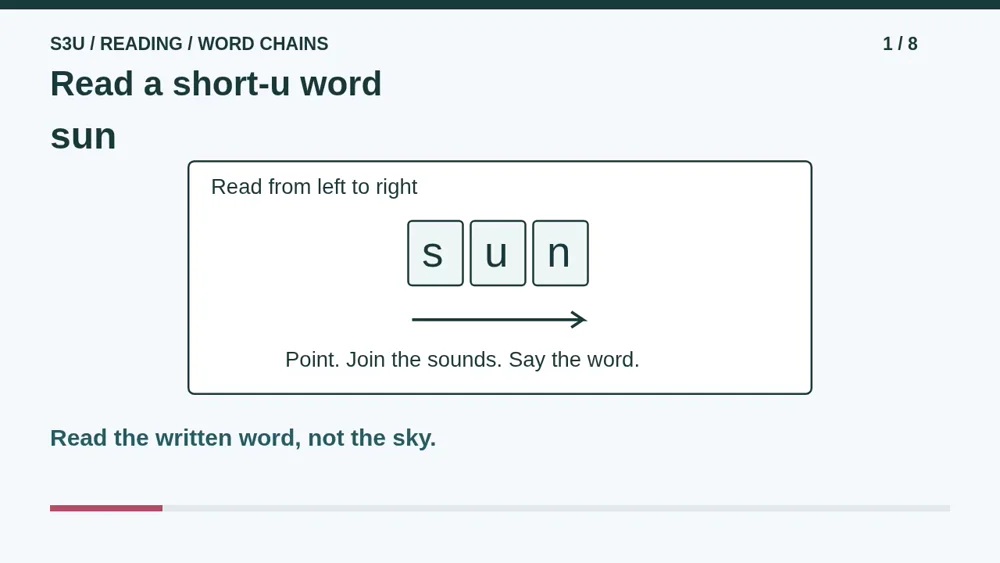 Video illustration: Read a short-u word. The spoken explanation follows.