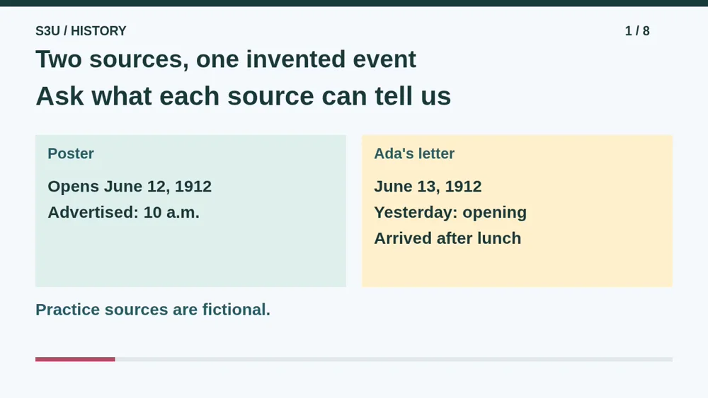 Video illustration: Two sources, one invented event. The spoken explanation follows.