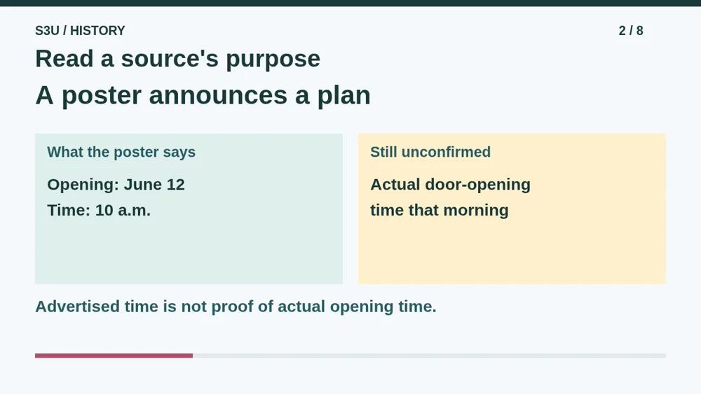 Video illustration: Read a source's purpose. The spoken explanation follows.