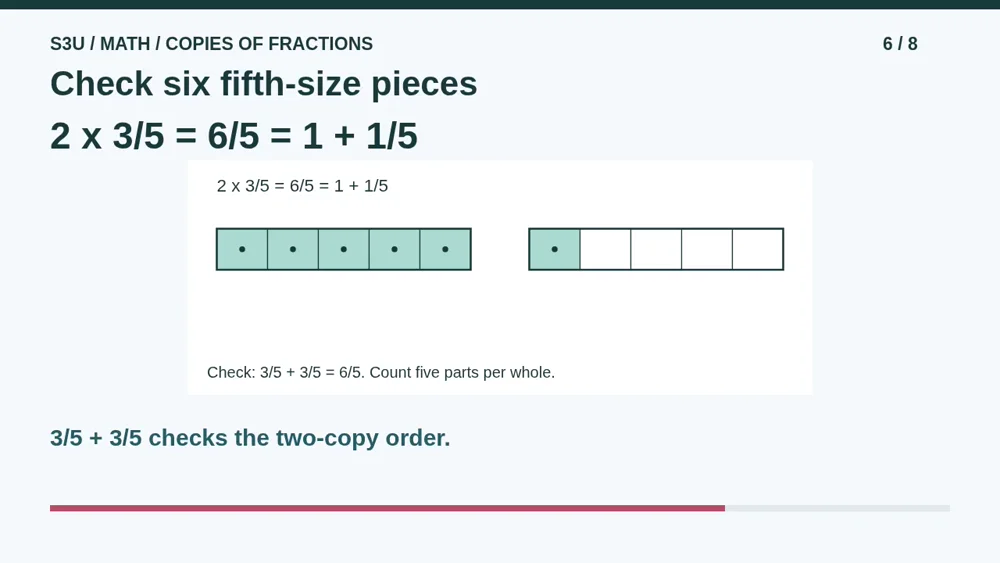 Video illustration: Check six fifth-size pieces. The spoken explanation follows.