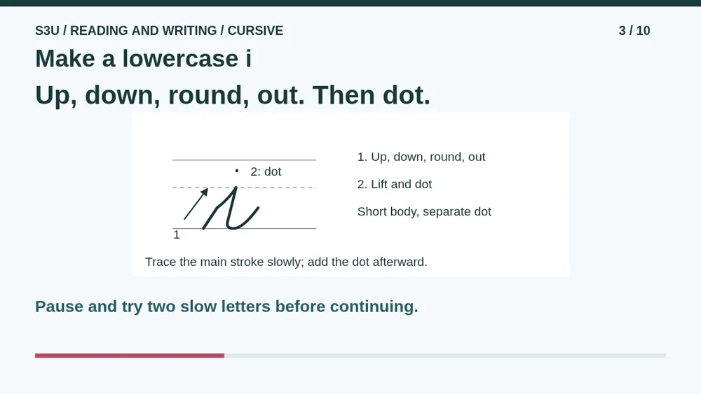 Video illustration: Make a lowercase i. The spoken explanation follows.