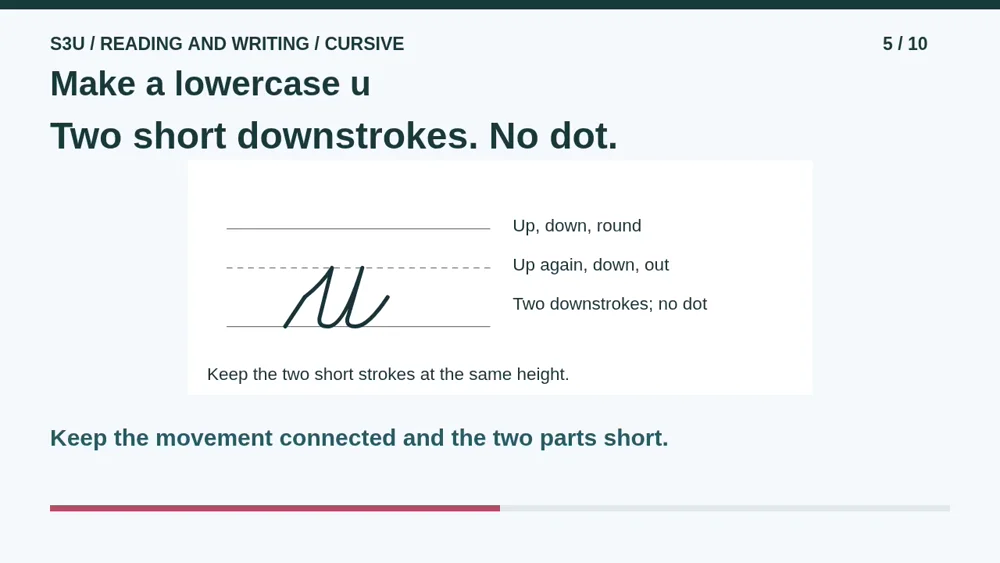 Video illustration: Make a lowercase u. The spoken explanation follows.