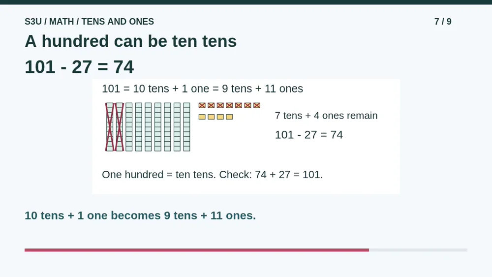 Video illustration: A hundred can be ten tens. The spoken explanation follows.