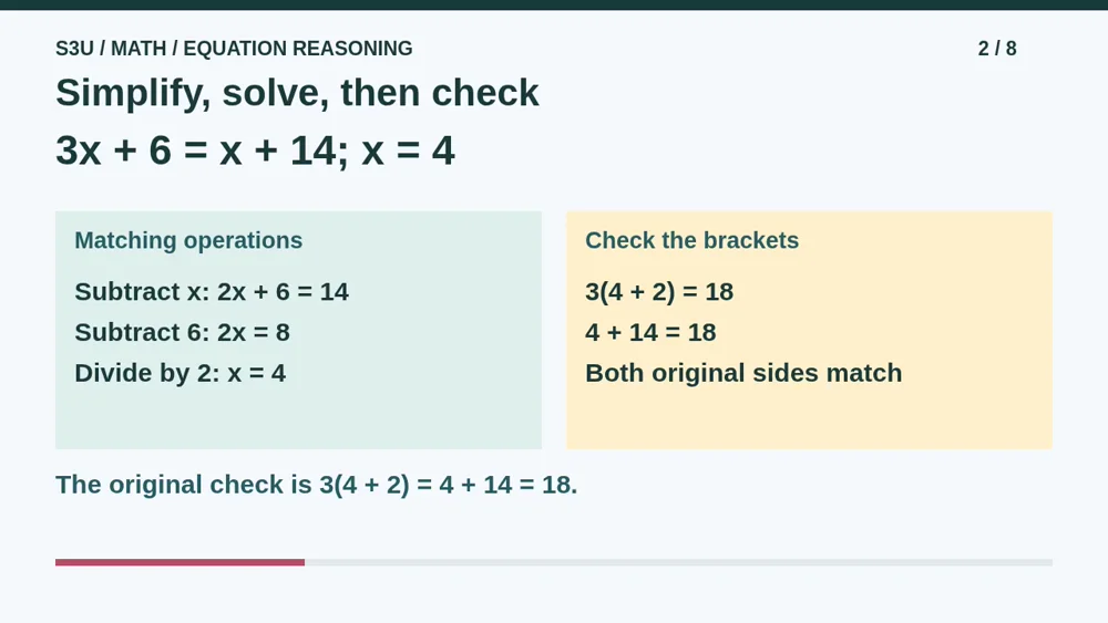 Video illustration: Simplify, solve, then check. The spoken explanation follows.