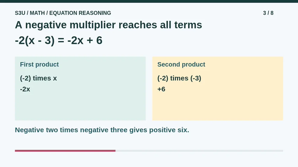 Video illustration: A negative multiplier reaches all terms. The spoken explanation follows.