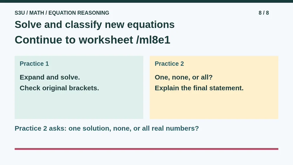 Video illustration: Solve and classify new equations. The spoken explanation follows.