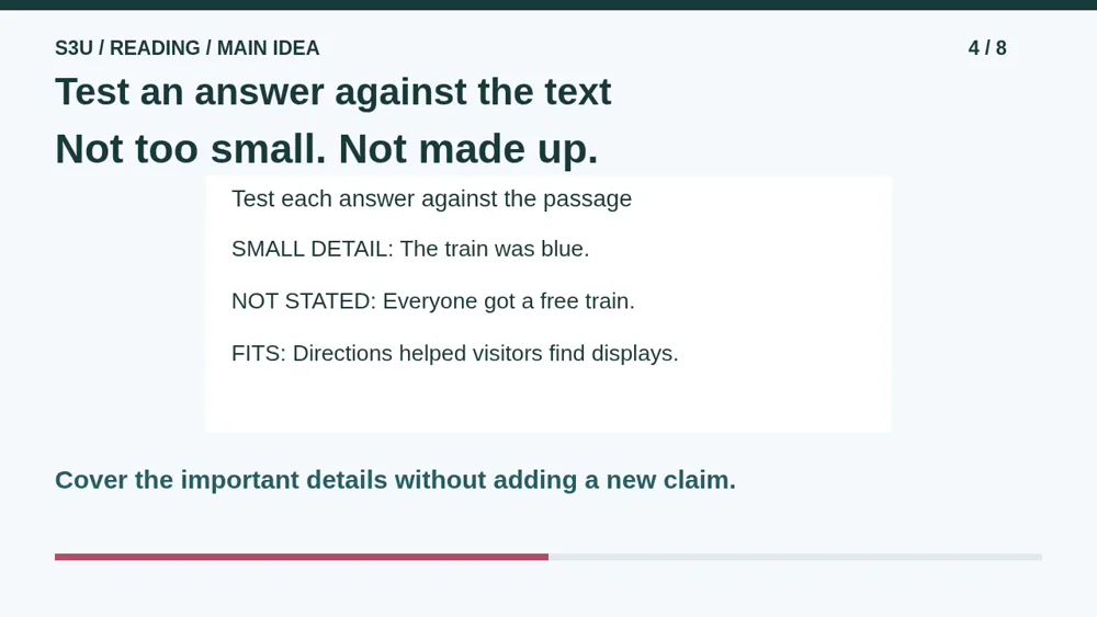 Video illustration: Test an answer against the text. The spoken explanation follows.