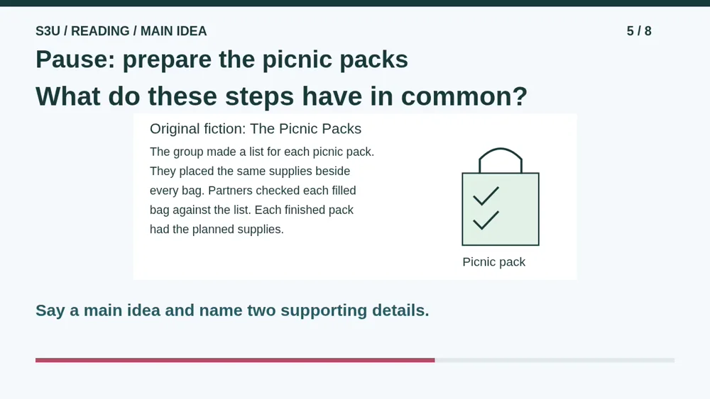 Video illustration: Pause: prepare the picnic packs. The spoken explanation follows.