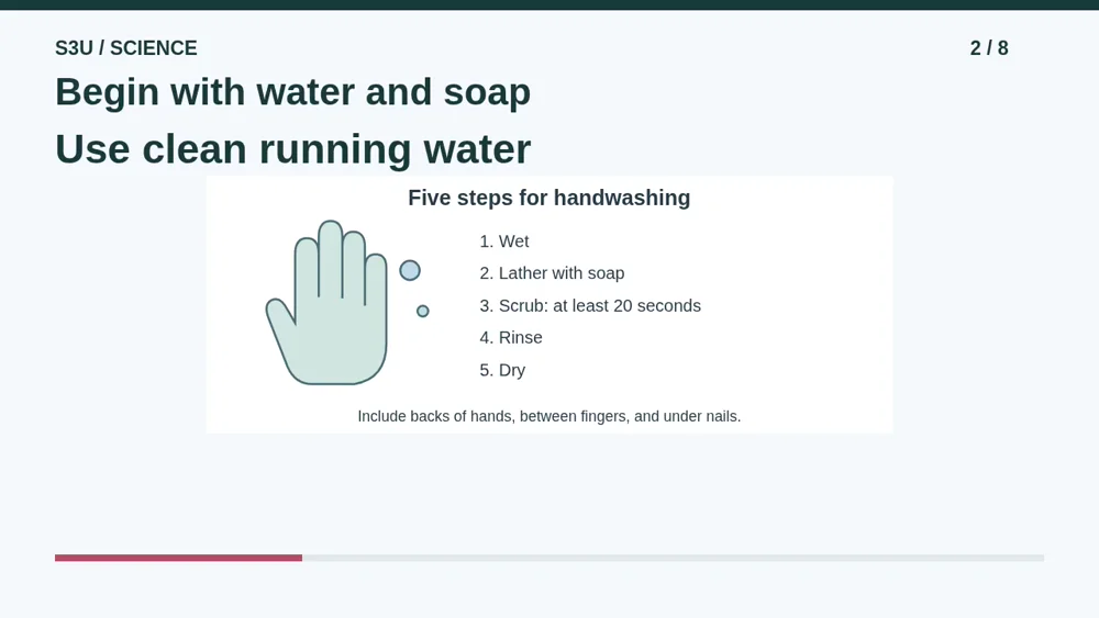 Video illustration: Begin with water and soap. The spoken explanation follows.