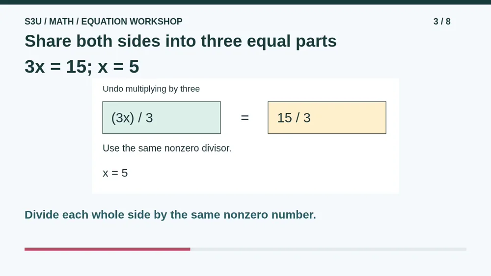 Video illustration: Share both sides into three equal parts. The spoken explanation follows.