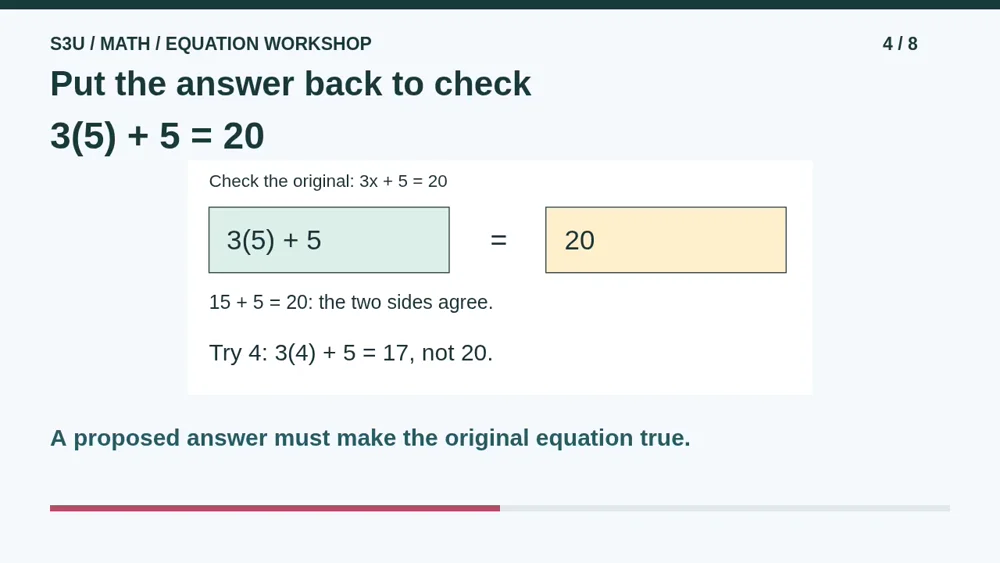 Video illustration: Put the answer back to check. The spoken explanation follows.