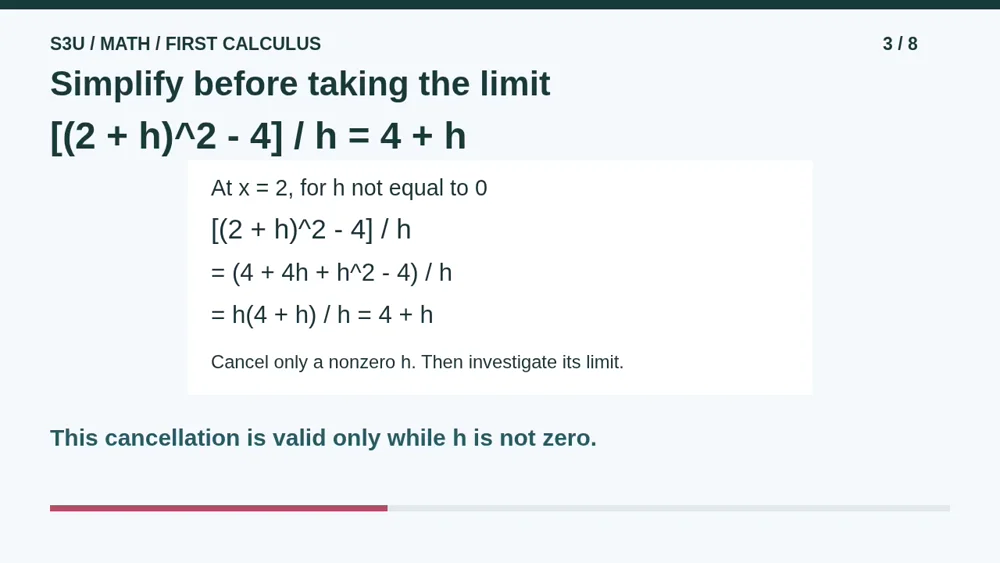 Video illustration: Simplify before taking the limit. The spoken explanation follows.