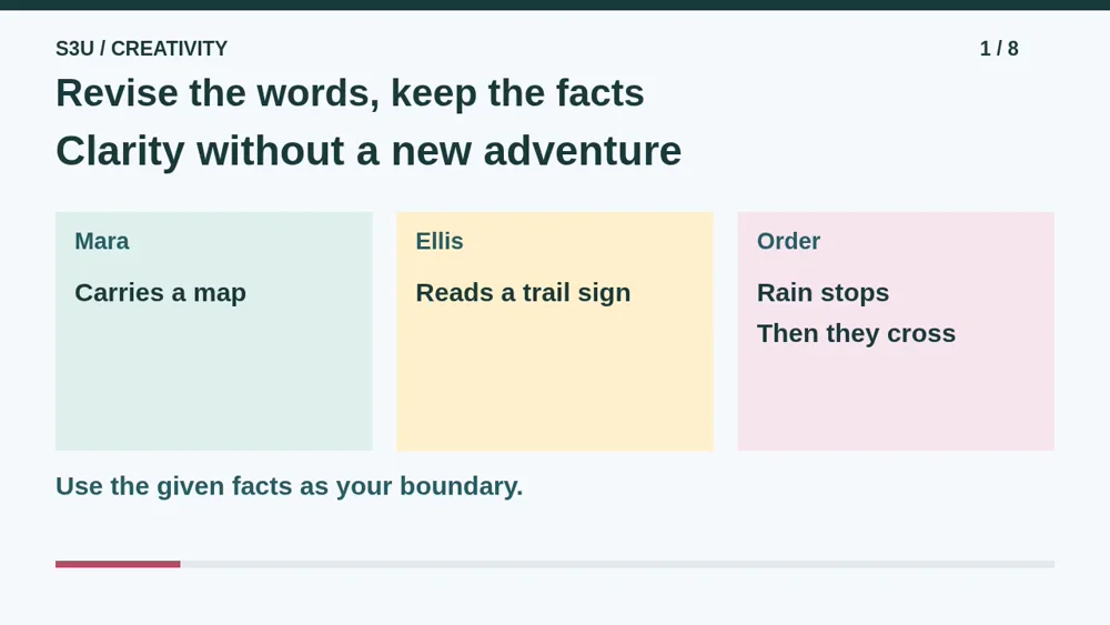 Video illustration: Revise the words, keep the facts. The spoken explanation follows.