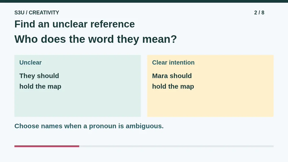 Video illustration: Find an unclear reference. The spoken explanation follows.
