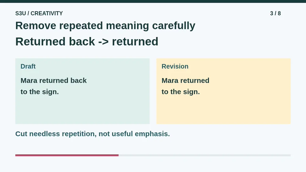 Video illustration: Remove repeated meaning carefully. The spoken explanation follows.