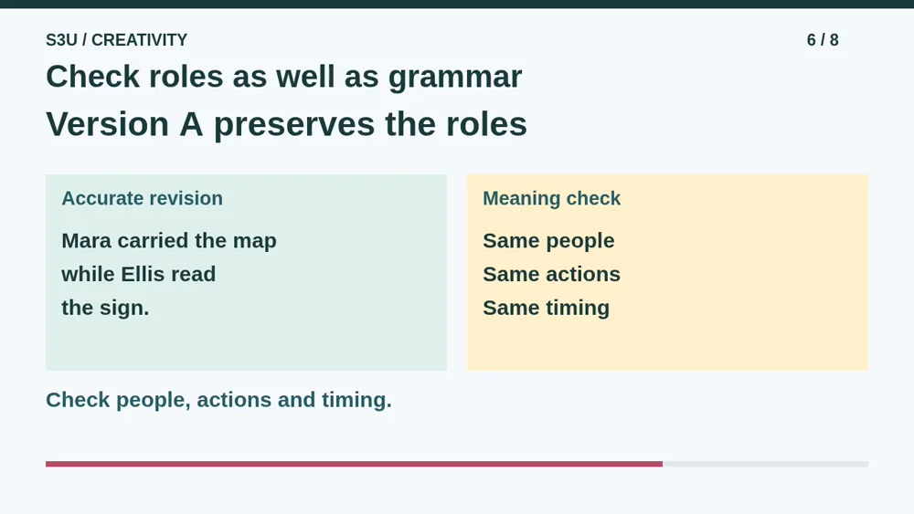 Video illustration: Check roles as well as grammar. The spoken explanation follows.