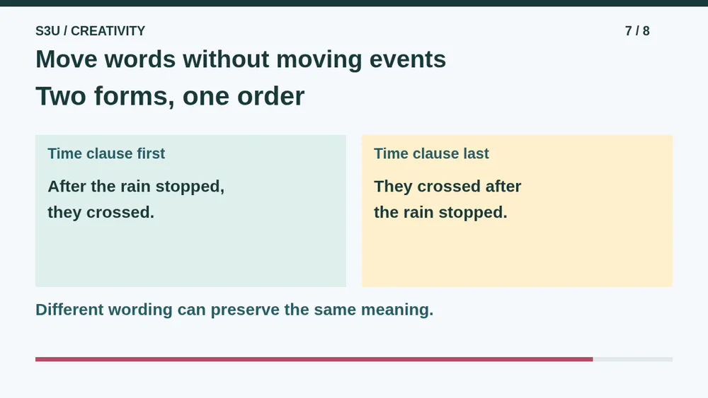 Video illustration: Move words without moving events. The spoken explanation follows.