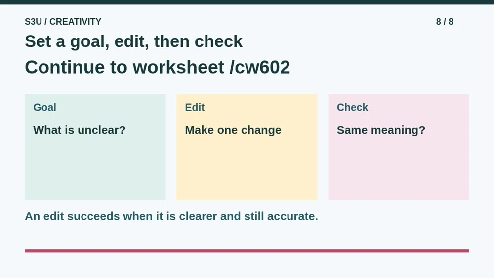Video illustration: Set a goal, edit, then check. The spoken explanation follows.