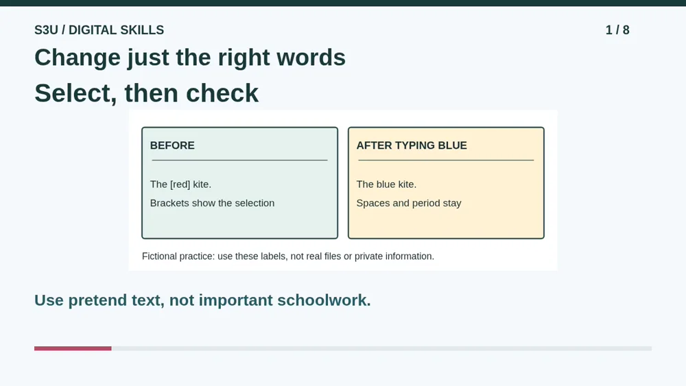 Video illustration: Change just the right words. The spoken explanation follows.