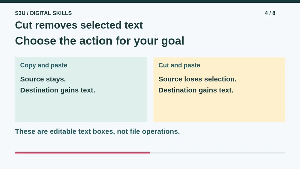 Video illustration: Cut removes selected text. The spoken explanation follows.