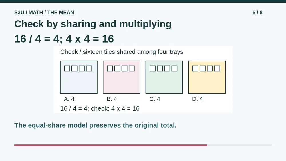 Video illustration: Check by sharing and multiplying. The spoken explanation follows.