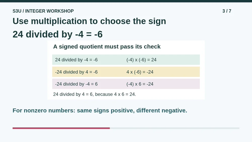 Video illustration: Use multiplication to choose the sign. The spoken explanation follows.