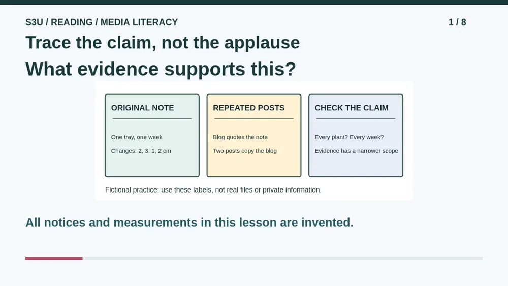 One fictional seedling note lists changes of 2, 3, 1 and 2 cm; a blog and two copied posts all refer to that same record.