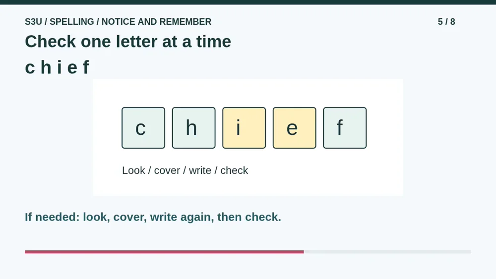 Video illustration: Check one letter at a time. The spoken explanation follows.