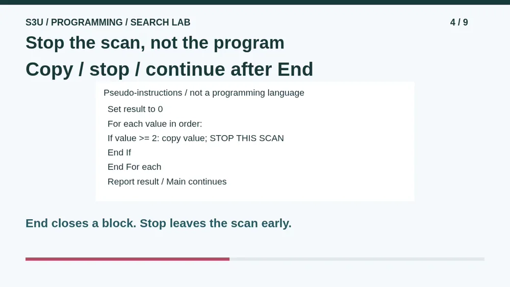 Video illustration: Stop the scan, not the program. The spoken explanation follows.