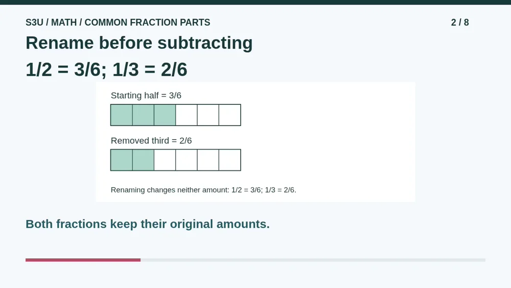 Video illustration: Rename before subtracting. The spoken explanation follows.