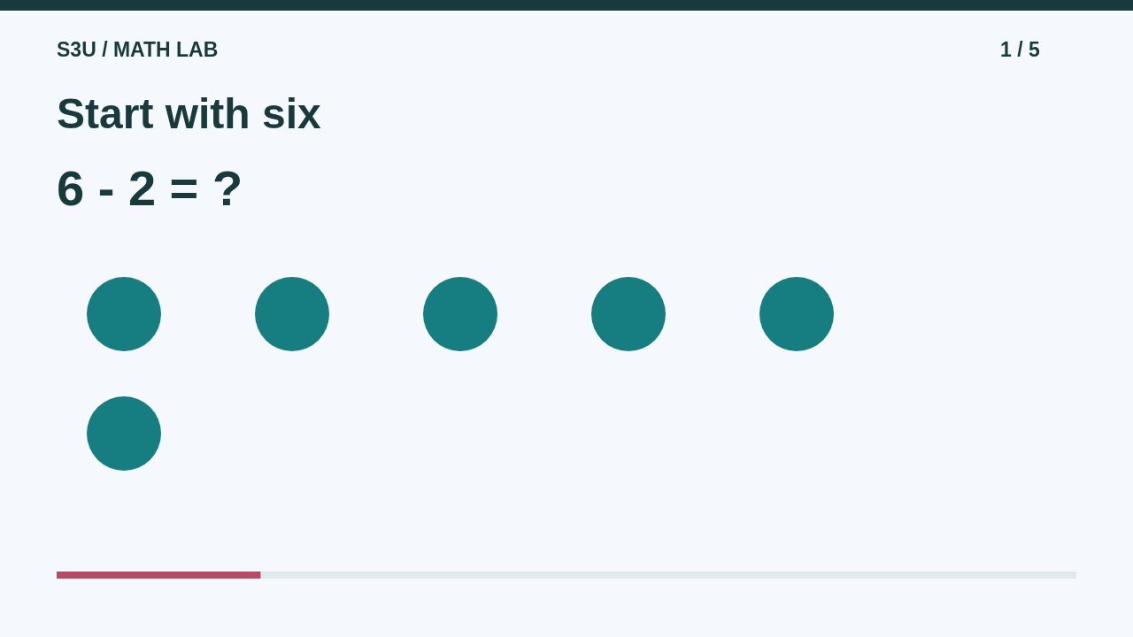 Six dots are ready for the subtraction problem six minus two.