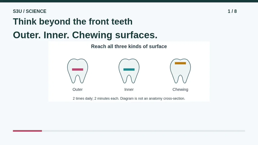 Video illustration: Think beyond the front teeth. The spoken explanation follows.