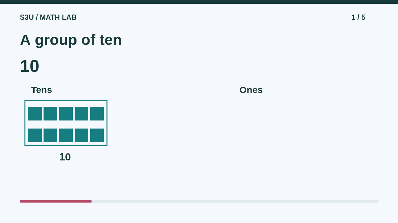 Ten small blocks sit together in a group to show one ten.