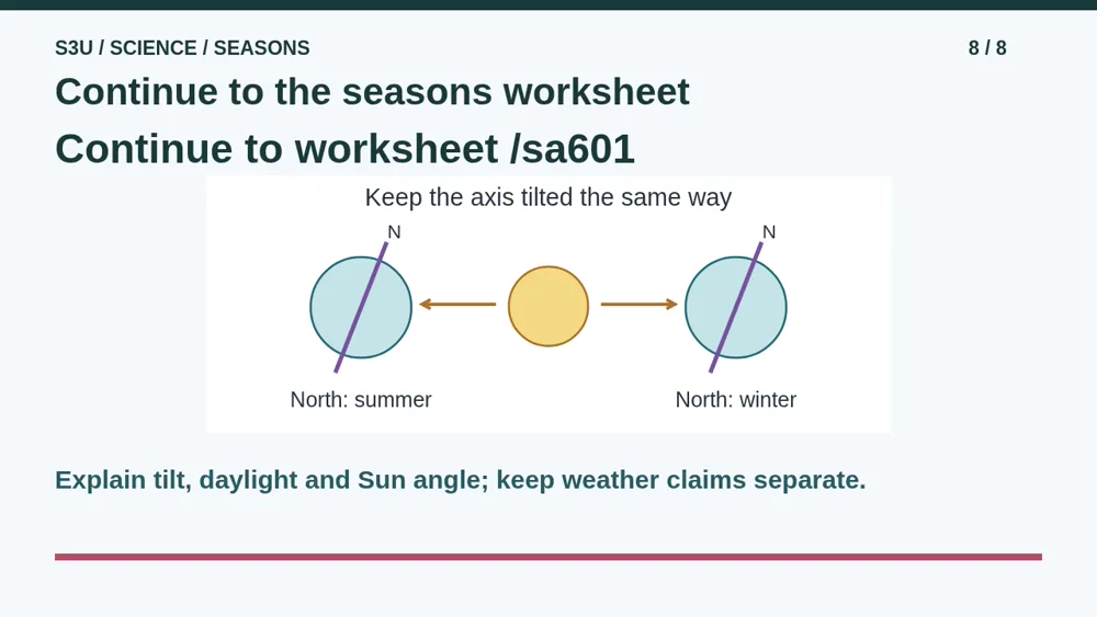 Video illustration: Continue to the seasons worksheet. The spoken explanation follows.