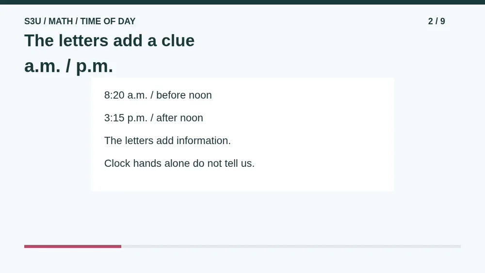 8:20 a.m. is before noon; 3:15 p.m. is after noon. The letters add information that the clock hands alone do not give.