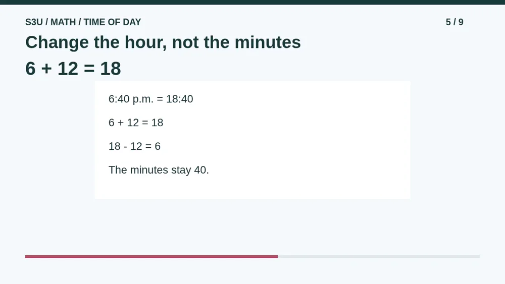 6:40 p.m. equals 18:40. Six plus twelve is eighteen; eighteen minus twelve is six. Both keep 40 minutes.