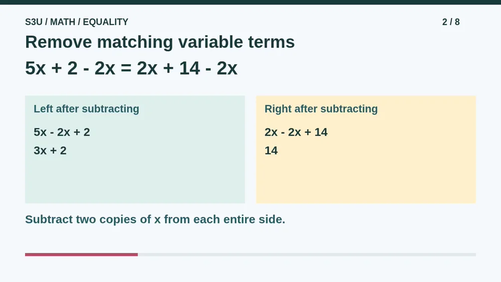 Video illustration: Remove matching variable terms. The spoken explanation follows.