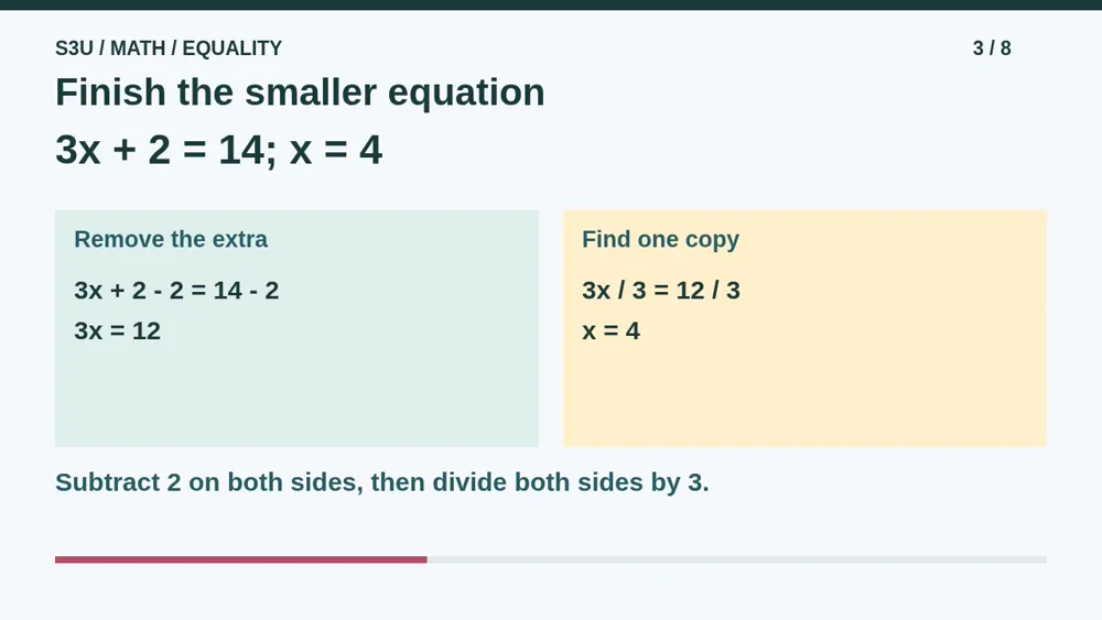 Video illustration: Finish the smaller equation. The spoken explanation follows.