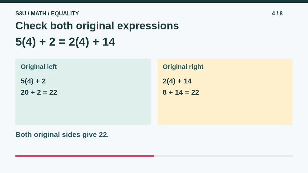 Video illustration: Check both original expressions. The spoken explanation follows.